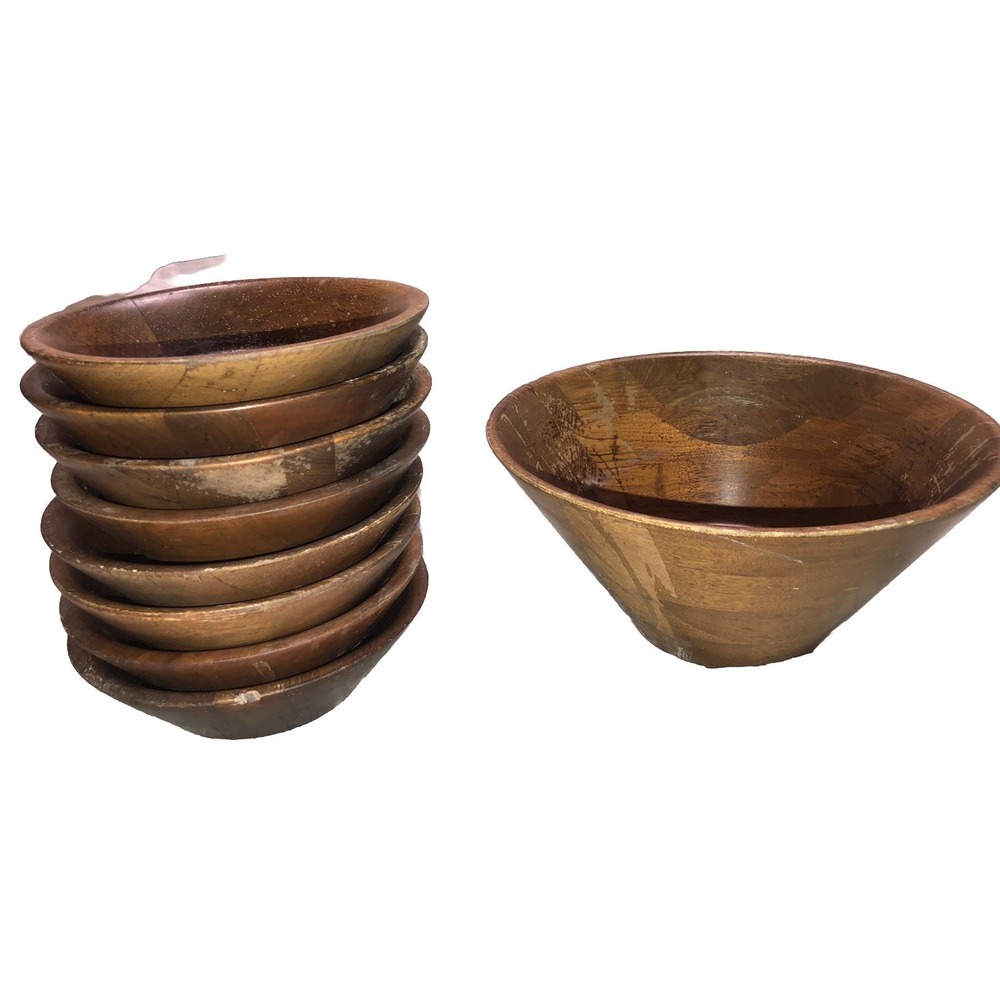 Vtg Heirloom Walnut By Didware Walnut‎ Salad Bowl Set 9 pc *peeling, wear